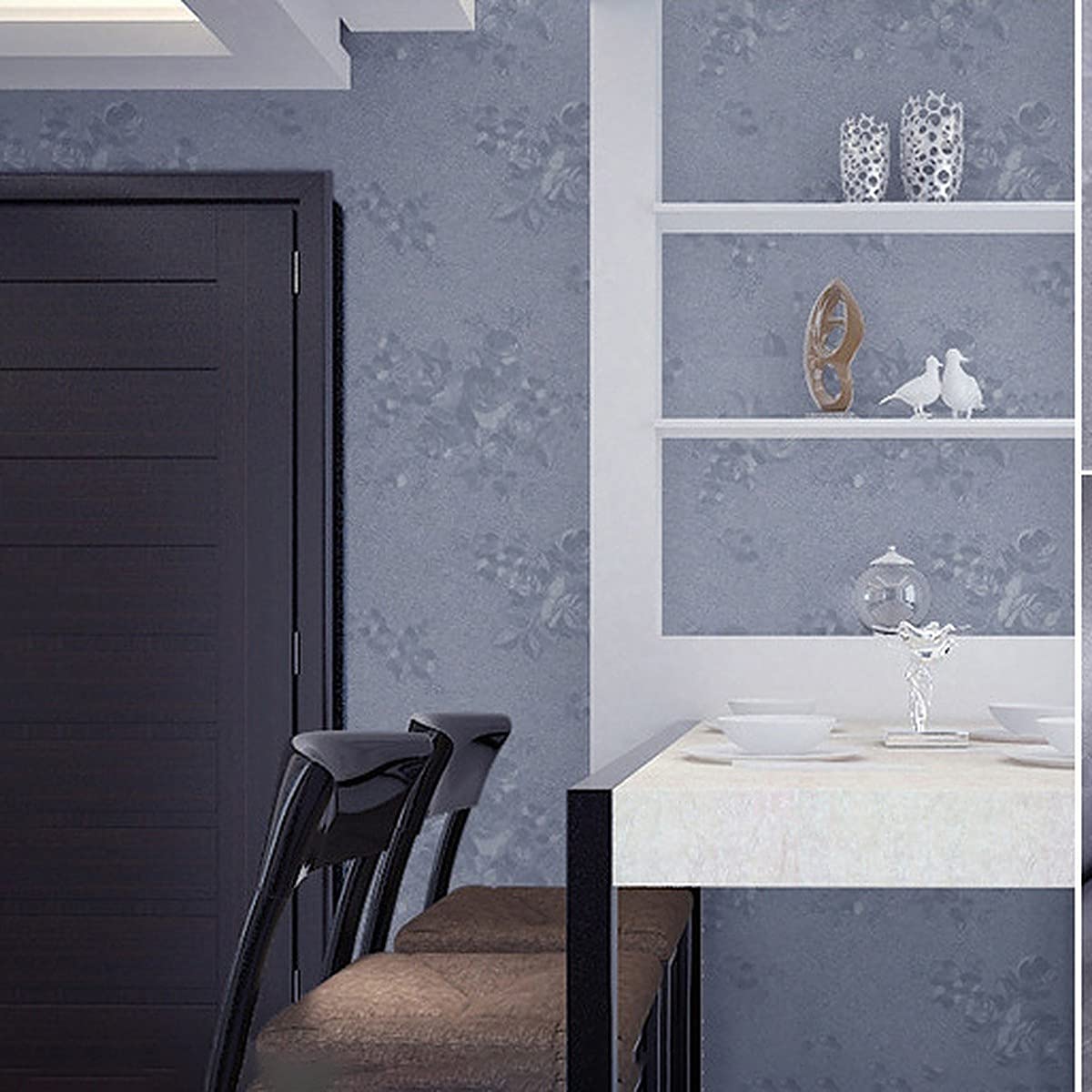 Wolpin Wall Stickers Wallpaper Rose Flower Embossed (45 x 600 cm) Bedroom Wall Decor Self Adhesive, DIY Decals Living Room, Gray