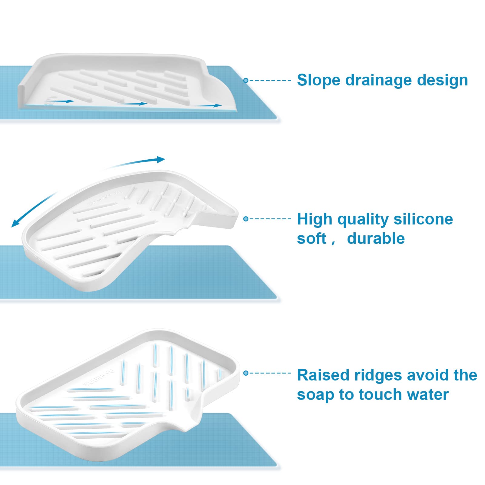 Subekyu Silicone Kitchen Soap Tray, Sink Tray For Kitchen Counter/Soap Bottles, Sponge Holder And Organizer With Drain Spout, Wh