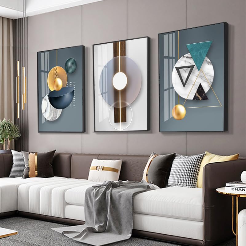 Artkn 3 Pieces Framed Abstract Geometric Wall Art, Art Shapes Patterns Paintings, Modern Wall Decor Artwork, Large Wall Art For