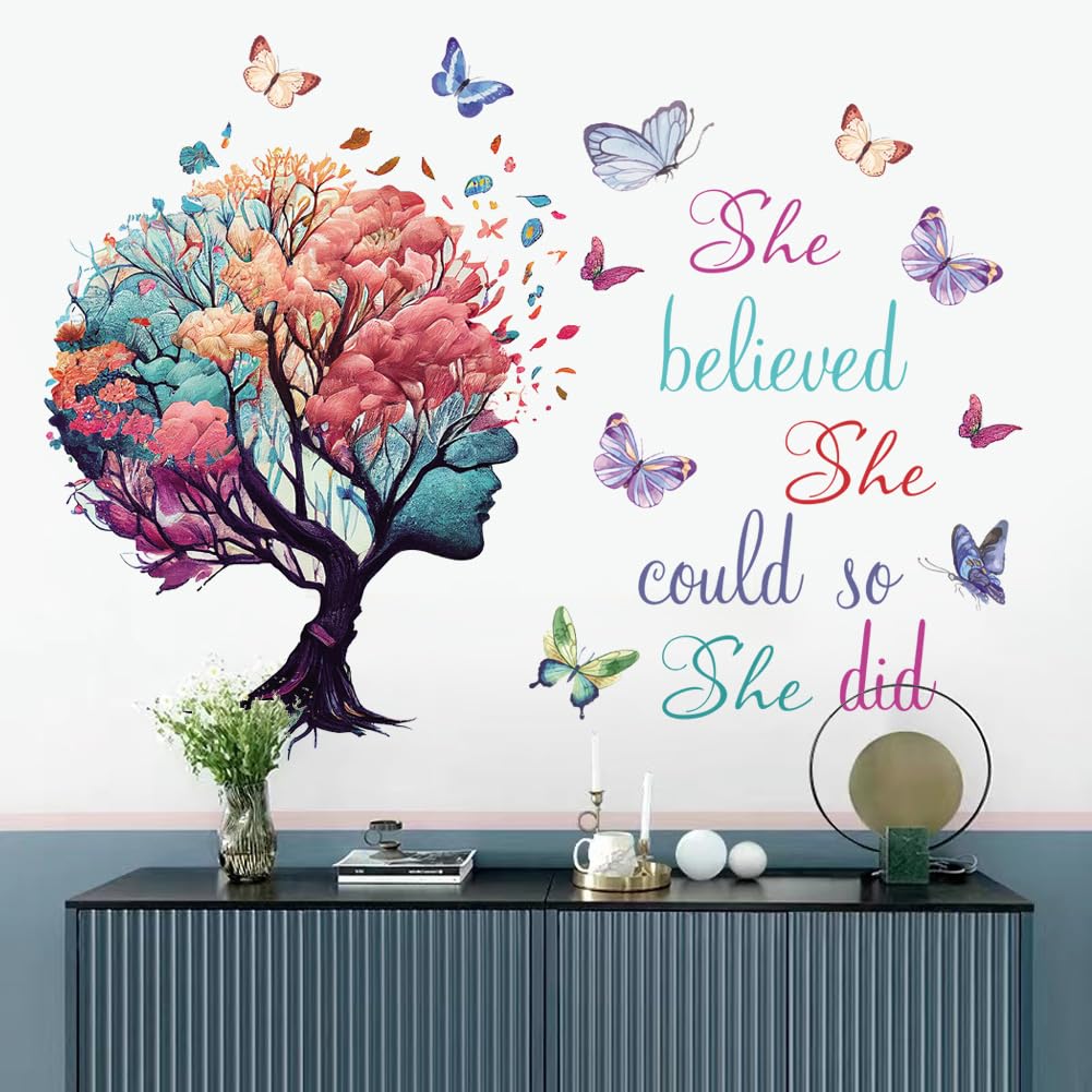 Inspirational Wall Decal Quotes She Believe She Could So She Did Tree Wall Sticker Wall Art Positive Sayings Sticker Butterfly W