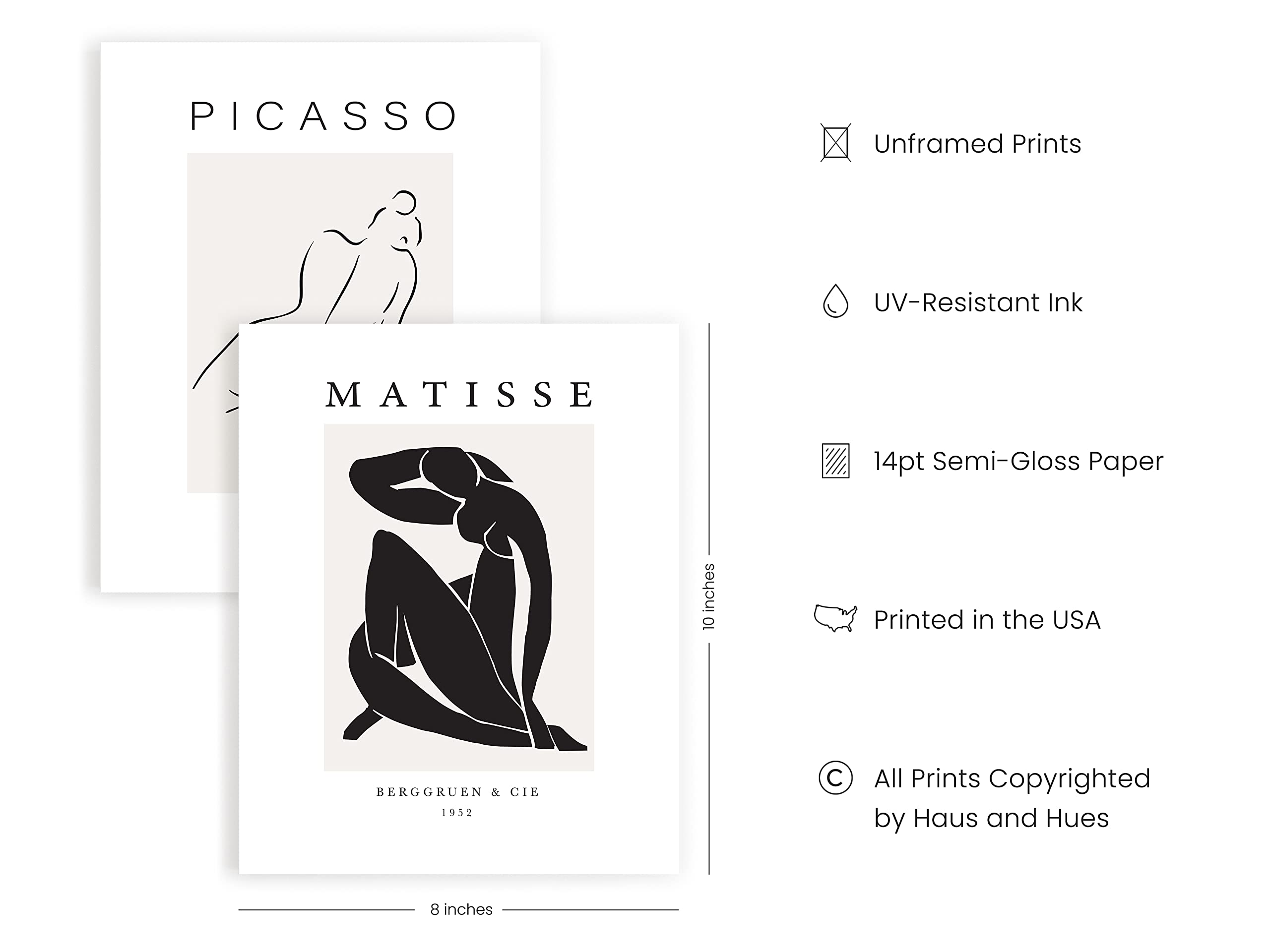 Haus and Hues Henri Matisse Posters and Picasso Wall Art Set of 6 Matisse Prints and Picasso Posters Henri Matisse Prints Art Exhibition Posters Famous Painting UNFRAMED 8''x10'' (With Artists Logo)
