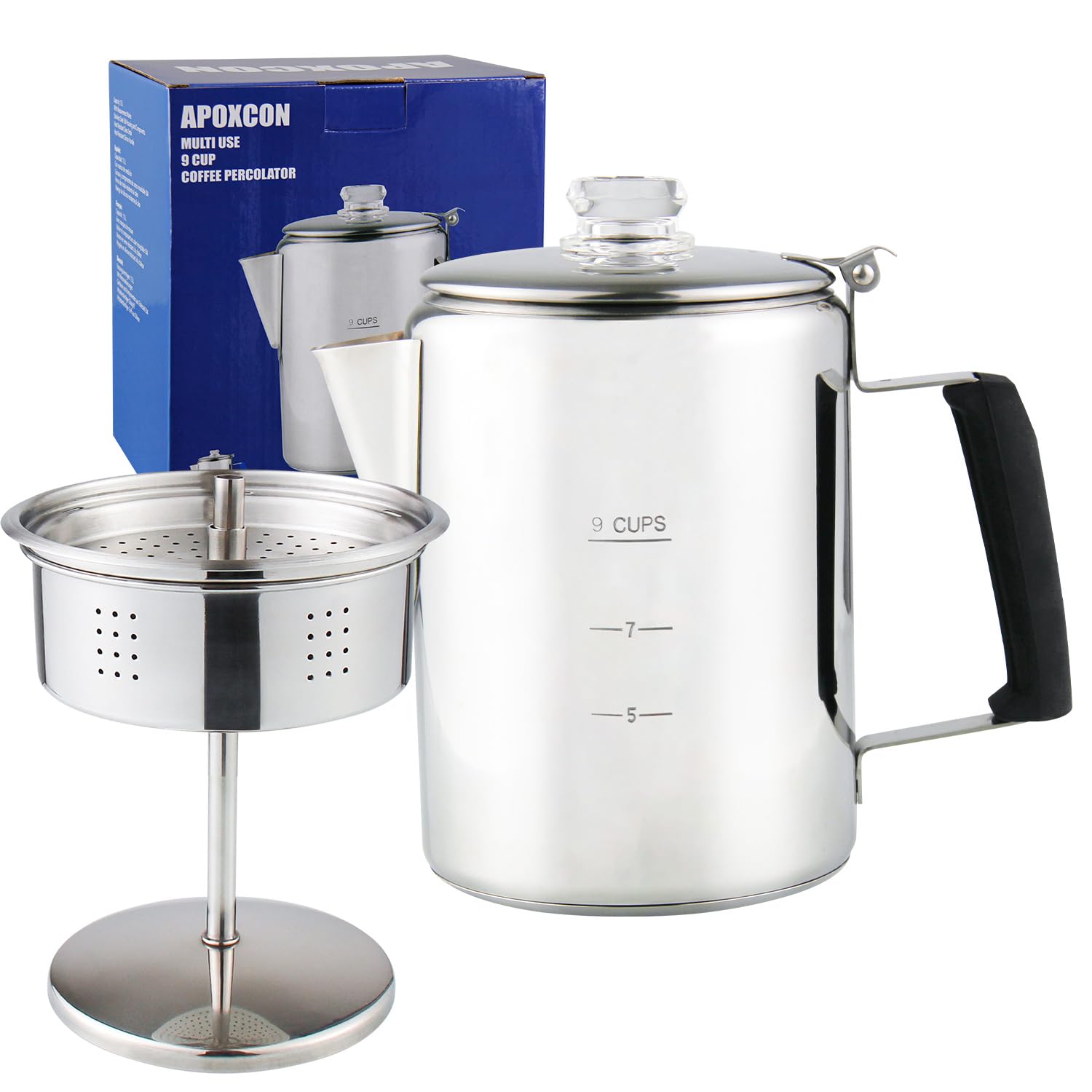 Apoxcon Multi Use Coffee Percolator With Heat Resistant Borosilicate Glass Knob & Antiflaming Silica Handle Stainless Steel Coff