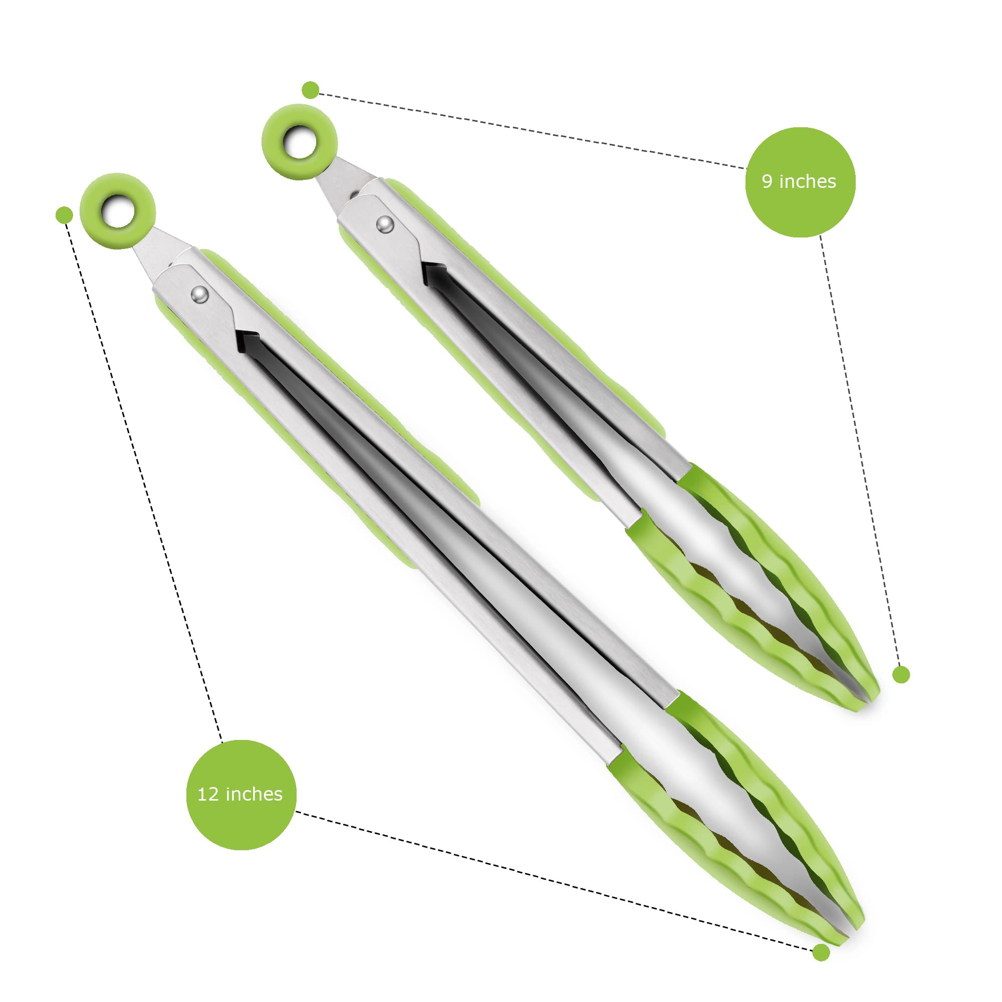 Premium Silicone Set Of 2 Cooking Tongs, 9-Inch & 12-Inch Bpa Free Non-Stick Stainless Steel Bbq Grilling Locking Food Tong, Lig