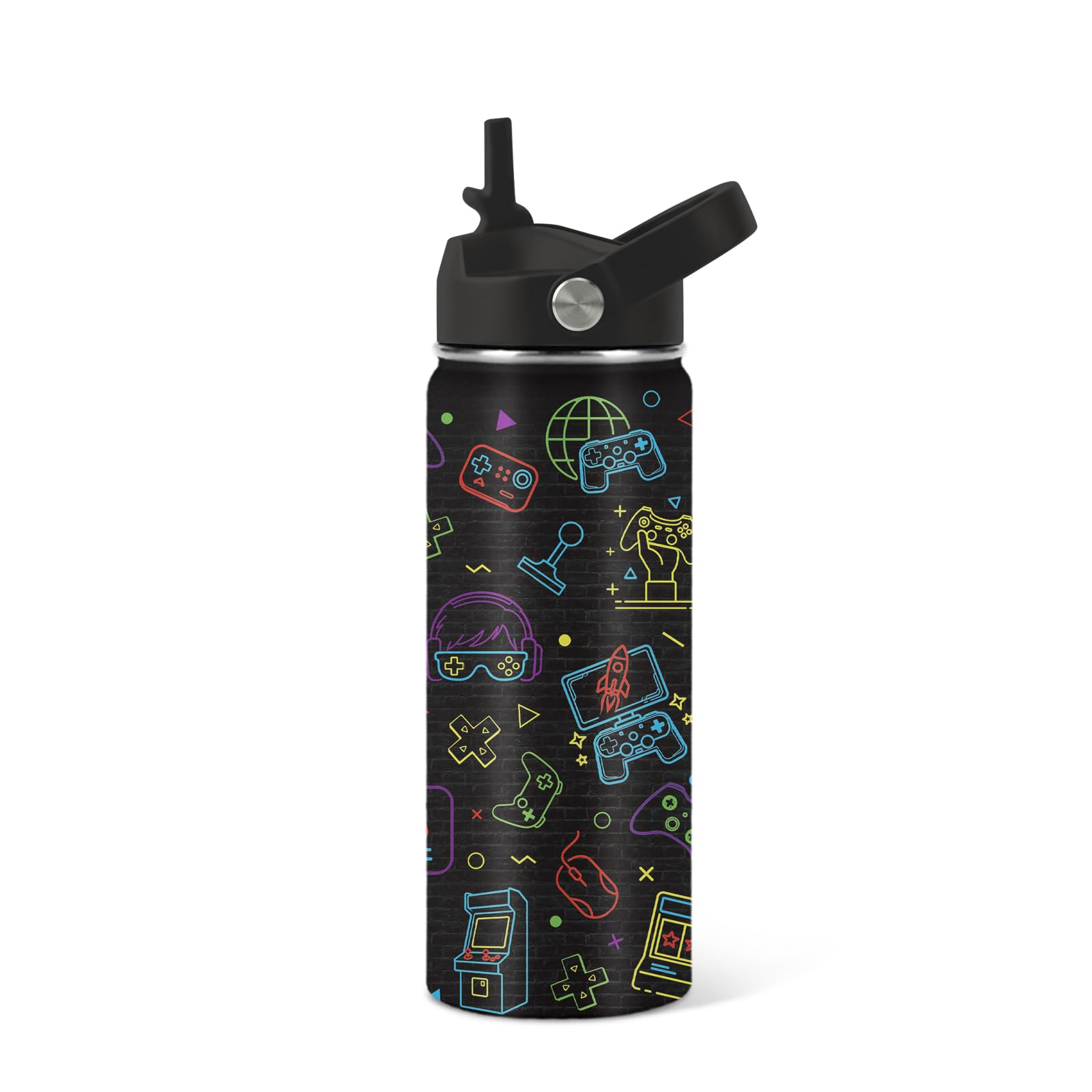 12oz Water Bottle for Kids - Game Water Bottle with Straw and Handle, Stainless Steel, Leak-proof, Insulated Tumbler for School,