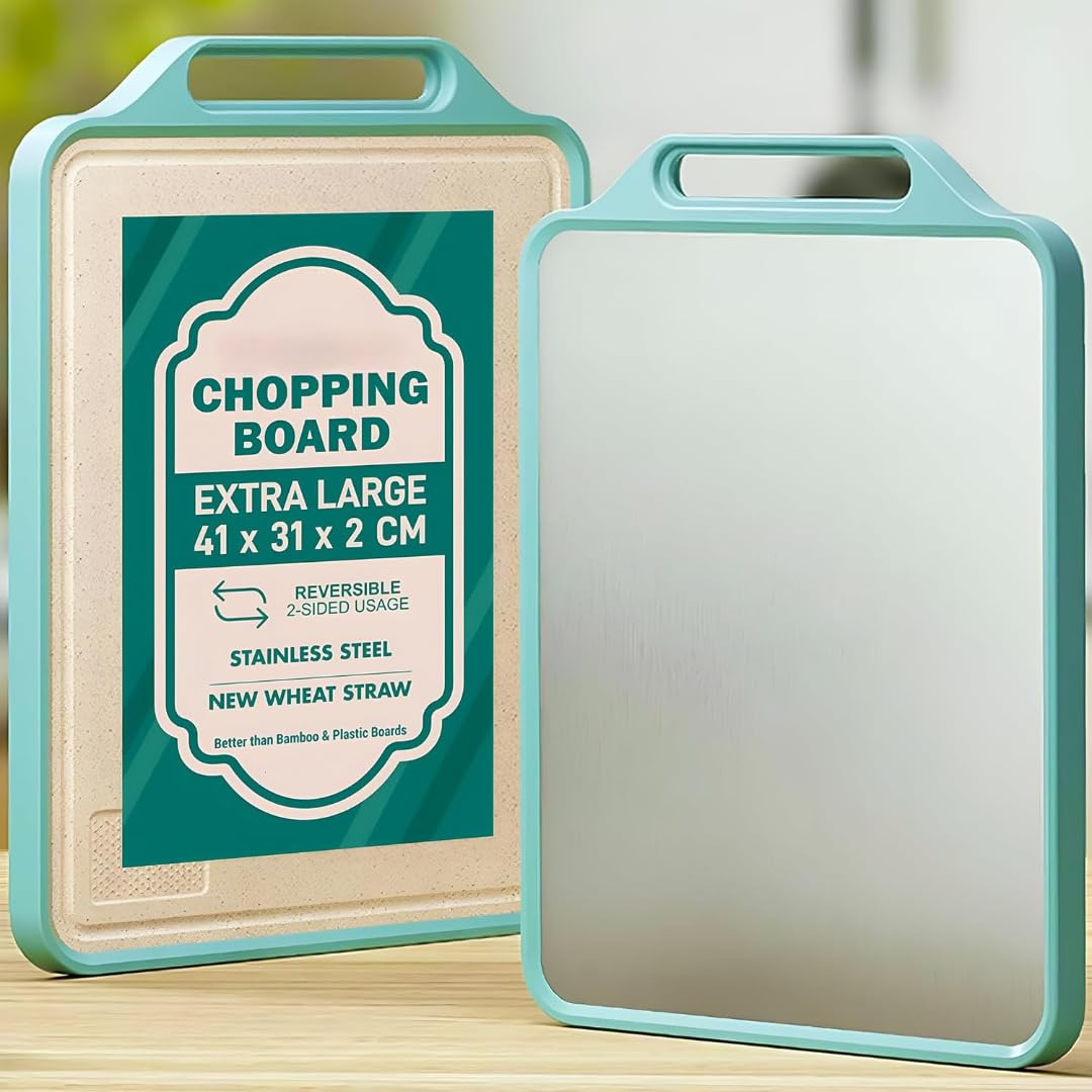 Rathoyagn Double Sided Cutting Board  Stainless Steel & Wheat Straw Vegetables Chopping Board For Kitchen, Dishwasher Safe, Lar