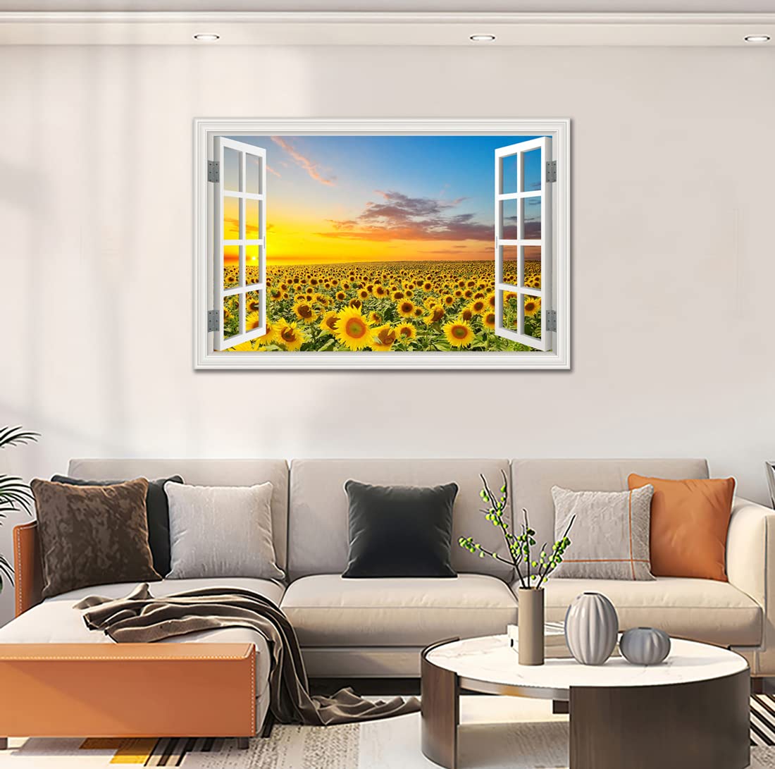 Sunflower Wall Art Decor For Living Room Window Style Sunset Canvas Picture For Bedroom Realism Yellow Flowers Filed Artwork For