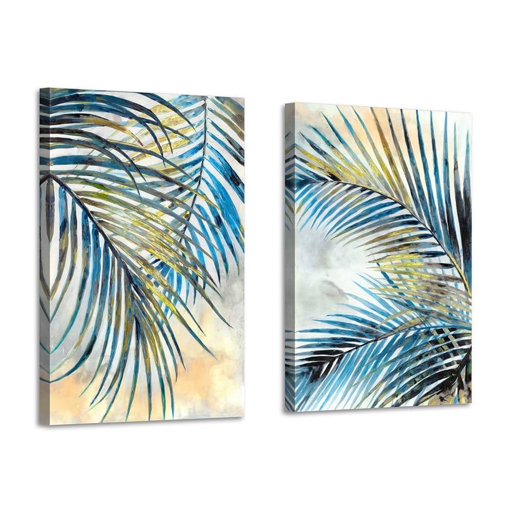Artistic Path Palm Leaves Canvas Wall Art: Tropical Leaf Artwork Picture Painting For Bedroom (18 '' W X 24 '' H X 2 Pcs,Multi-S