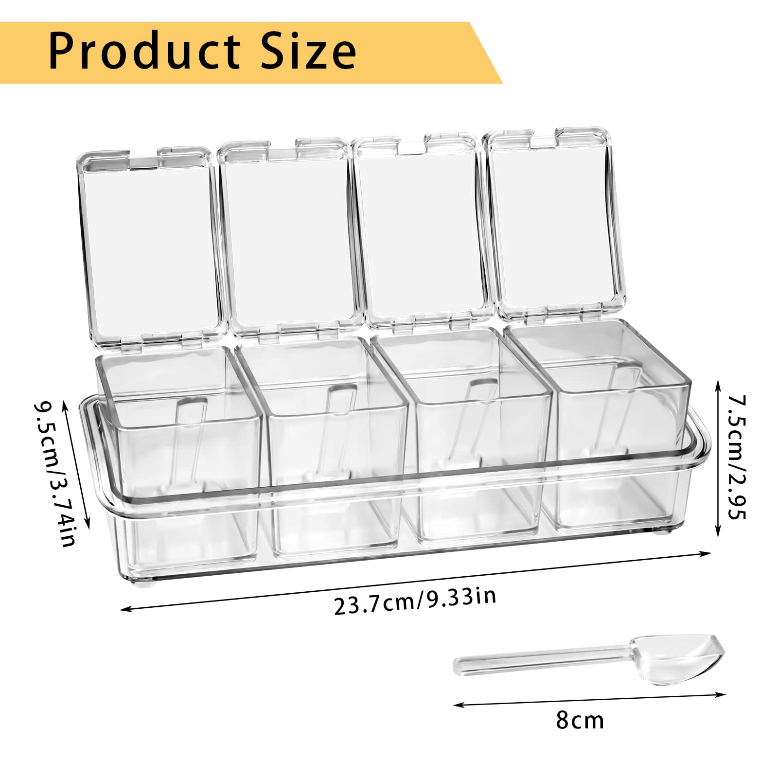 Faxco 4-Cell Clear Seasoning Rack Spice Box, Storage Container Condiment Jars Acrylic Seasoning Box with Cover and Spoon (Basic