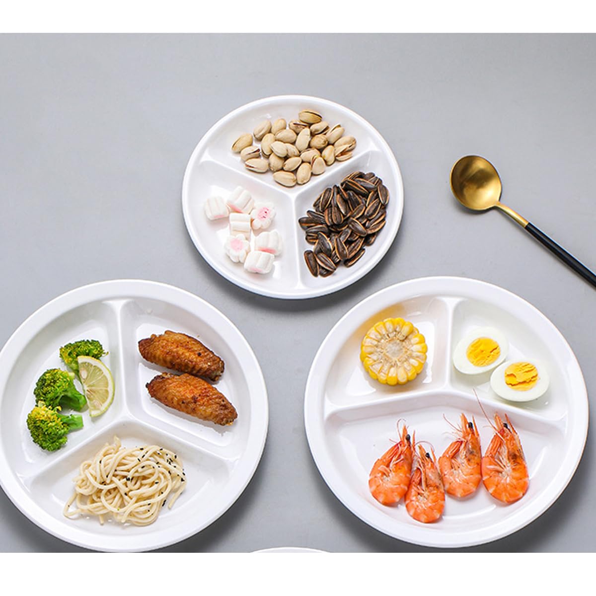 Aiyoo Reusable Dinner Plates 4 Pack 10.25 Inch Plastic White Divided Plates For Adults Camping 3-Compartment Portion Control Pla