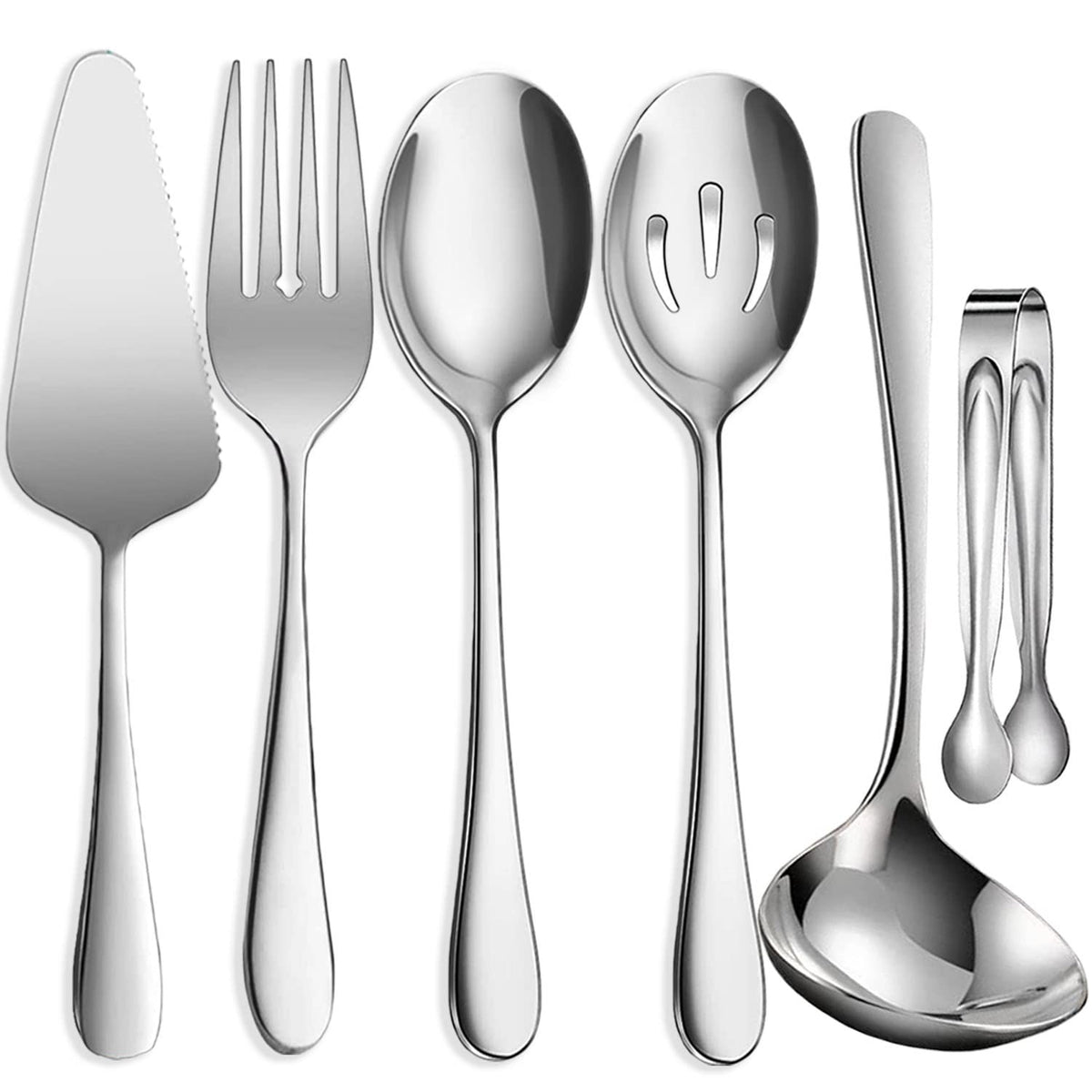 Iaxsee 6 Pcs Stainless Steel Serving Utensils, Large Serving Spoons Slotted Spoons, Forks, Ice Suger Tongs, Cake Server, Soup La