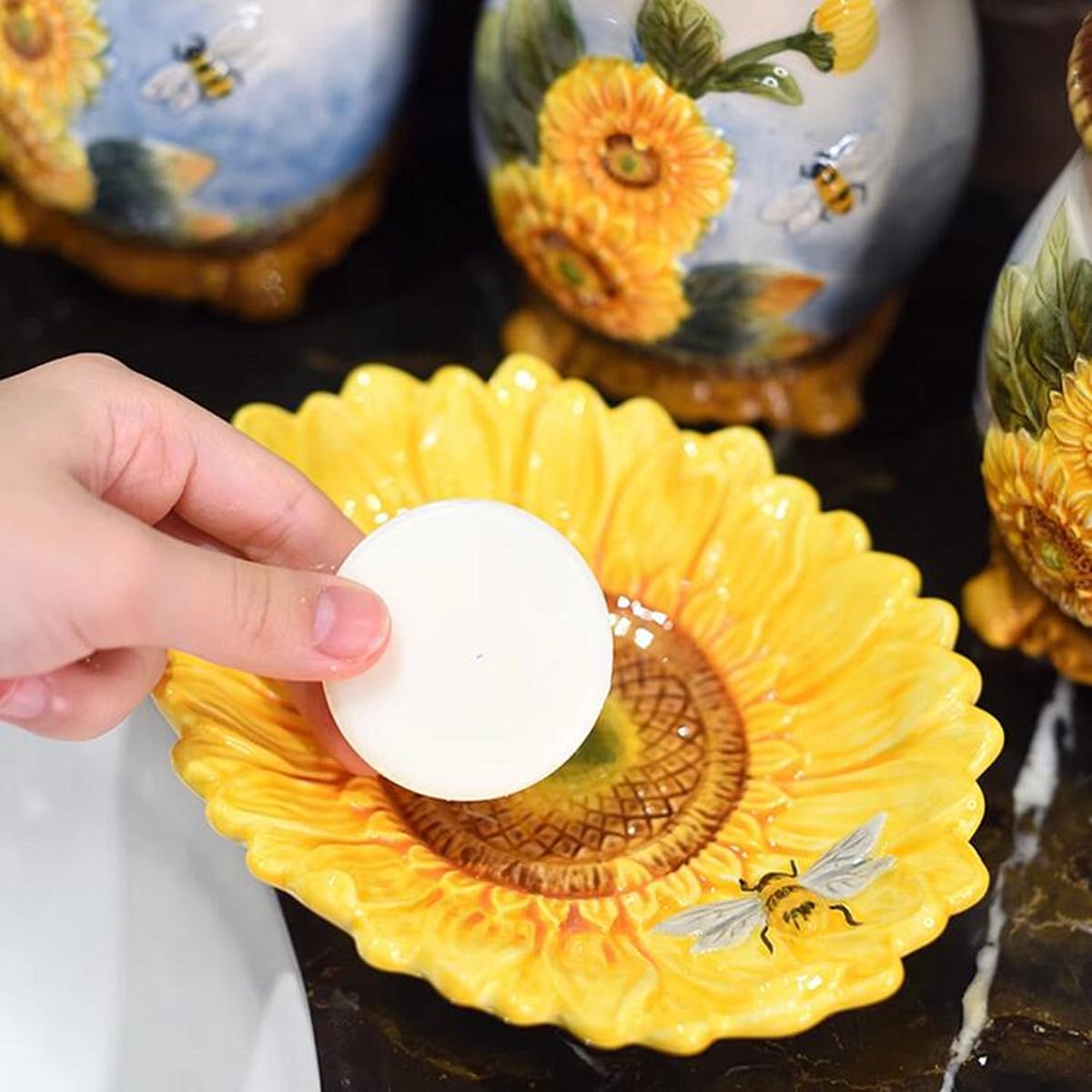 Forlong Ceramic Sunflower Bathroom Accessories Set, 4 Piece Bathroom Ensemble Set With Toothbrush Holder, Toothbrush Cup, Soap D