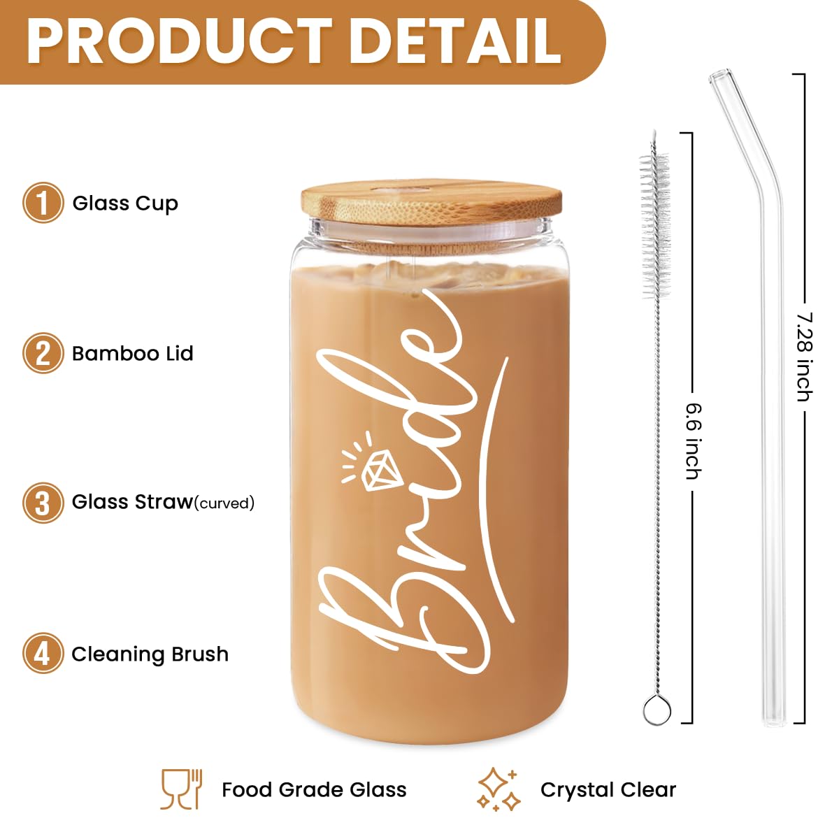 SANDJEST Bride Glass Coffee Cup 16 Oz with Bamboo Lid and Straw - Bridal Shower Gift - Engagement Gifts for Women - Bride Gifts