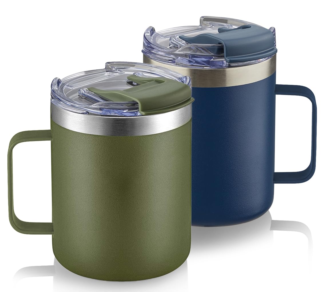 ALOUFEA 12oz Stainless Steel Insulated Coffee Mug with Handle, Double Wall Vacuum Travel Mug, Tumbler Cup with Fliping Lid, Navy
