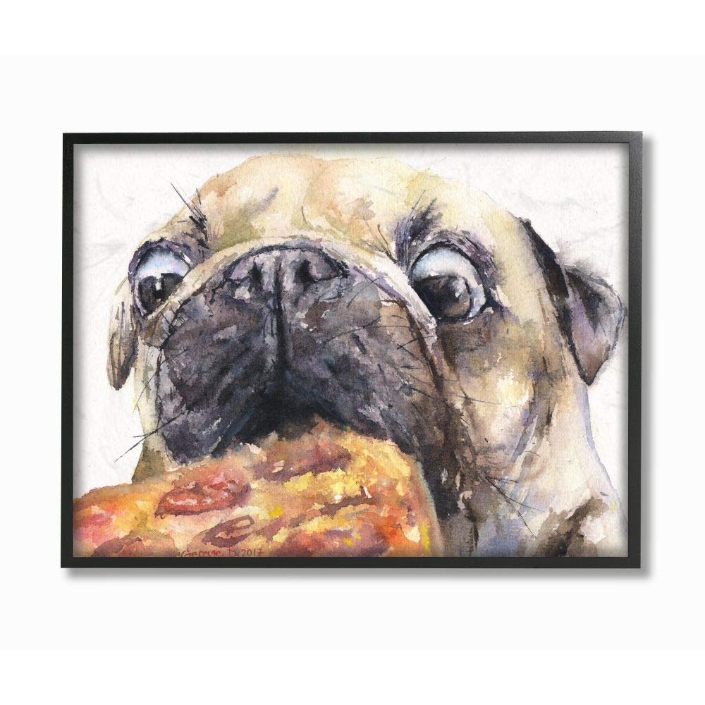 Stupell Industries Pug And Pizza Funny Dog Pet Animal Watercolor Painting Black Framed Wall Art, 16X20, Multicolor