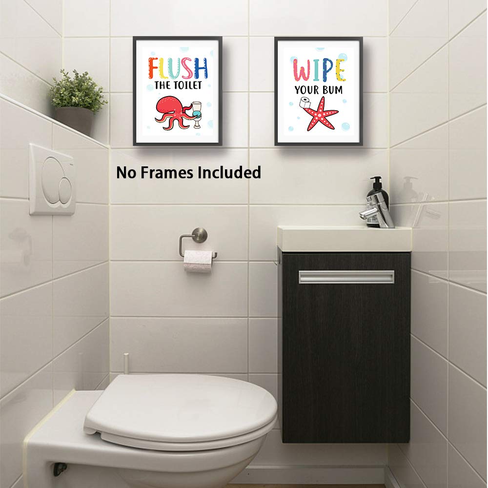 Funny Colorful Cartoon Sea Life Themed Bathroom Inspirational Quotes Art Print Humorous Quotes Painting  Toilet Rules Art Picture for Children Washroom Bathroom Decor  Set of 4 (8X10)  No Frame