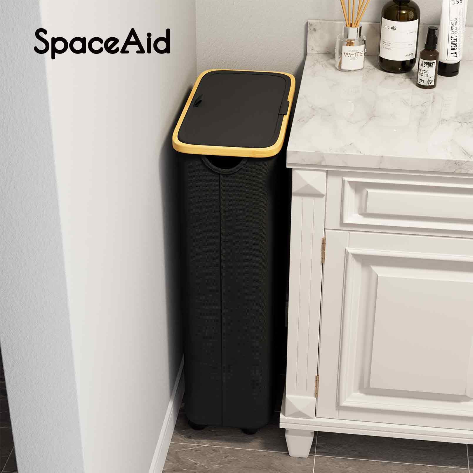 Spaceaid Slim Laundry Hamper With Lid And Wheels, 62L Narrow Clothes Basket Bin With Bamboo Handles, Skinny Tall Collapsible Ham
