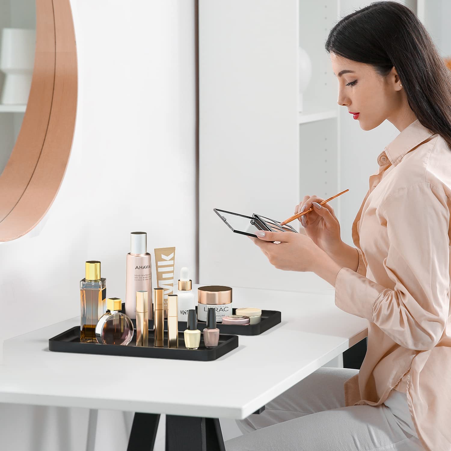 Vanity Trays For Bathroom Organizer Set Of 2 Bathroom Trays - Bamboo Wood Decorative Tray For Dresser Tops For Home Decoration (