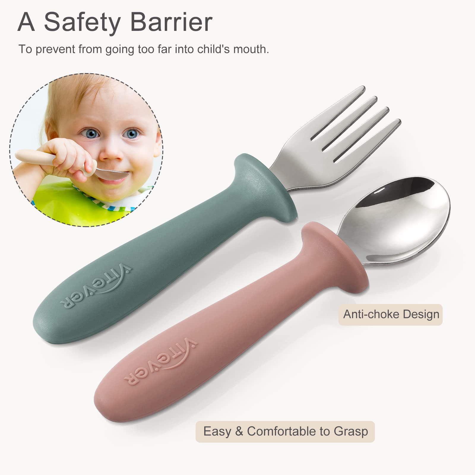 VITEVER 6 Pieces Toddler Utensils, Kids Silverware Set with Silicone Handle, Children Safe Spoons and Forks, 18/8 Stainless Stee