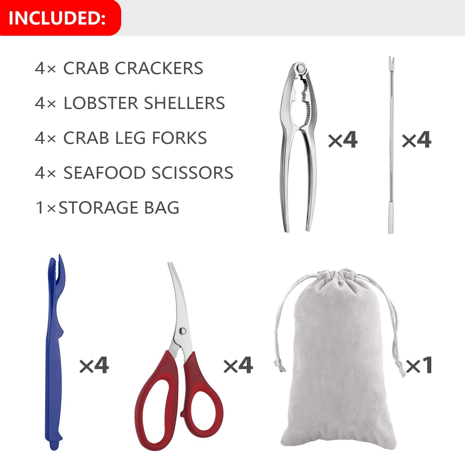 Seafood Tools Set Includes 4 Crab Crackers 4 Seafood Fork 4 Lobster Crackers 4 Seafood Scissors -Nut Cracker And Storage Bag(17