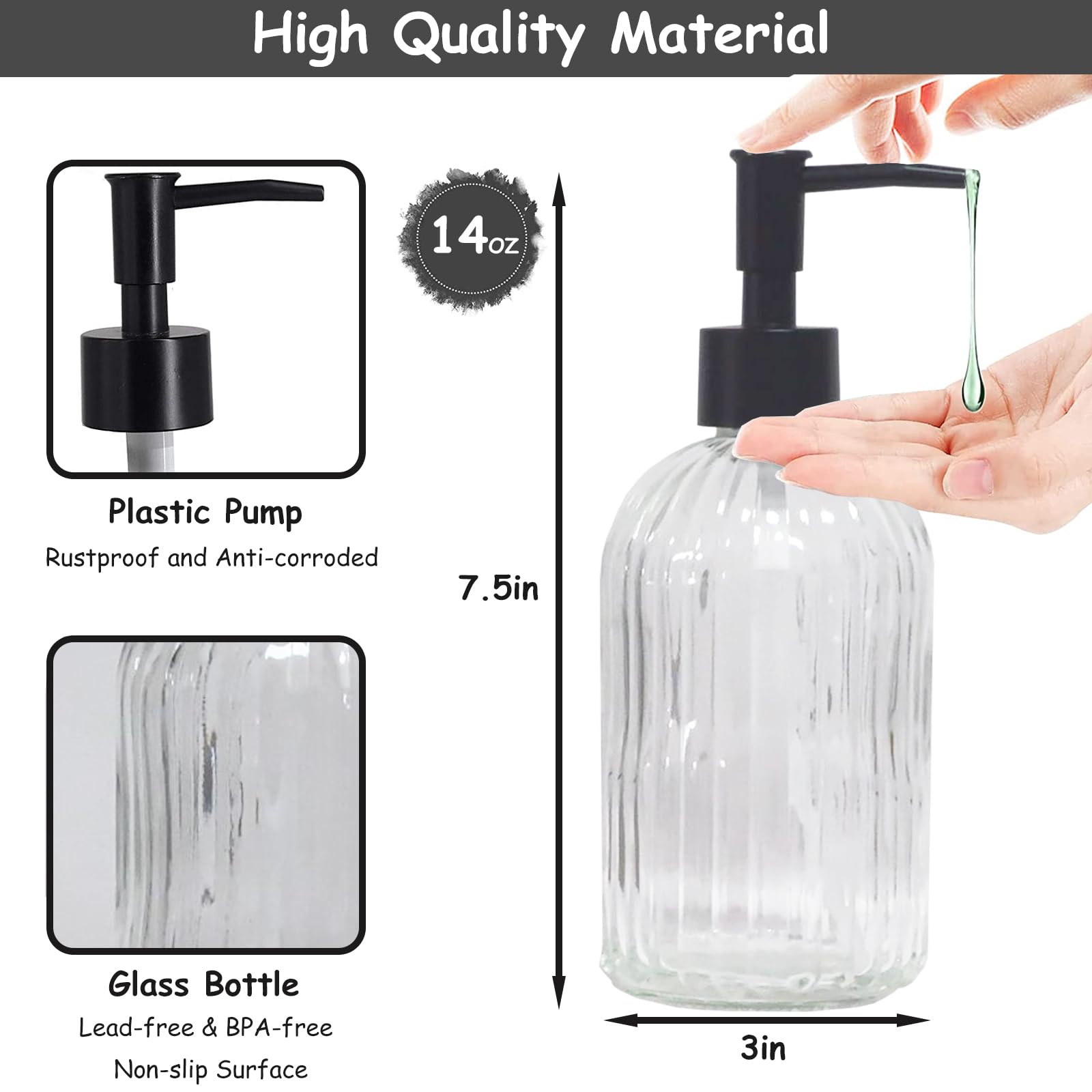 Clear Glass Soap Dispenser With Pump, 2 Pack 13.5Oz Bathroom Soap Dispenser With Vertical Stripe For Hand Wash And Dish Wash, El