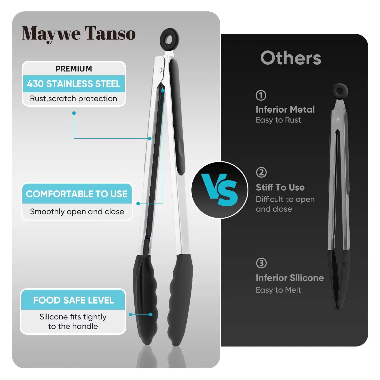 600? Heat Resistant Kitchen Tongs For Cooking With Silicone Tips,Maywe Tanso 12-Inch Stainless Steel Locking Cooking Tongs Food