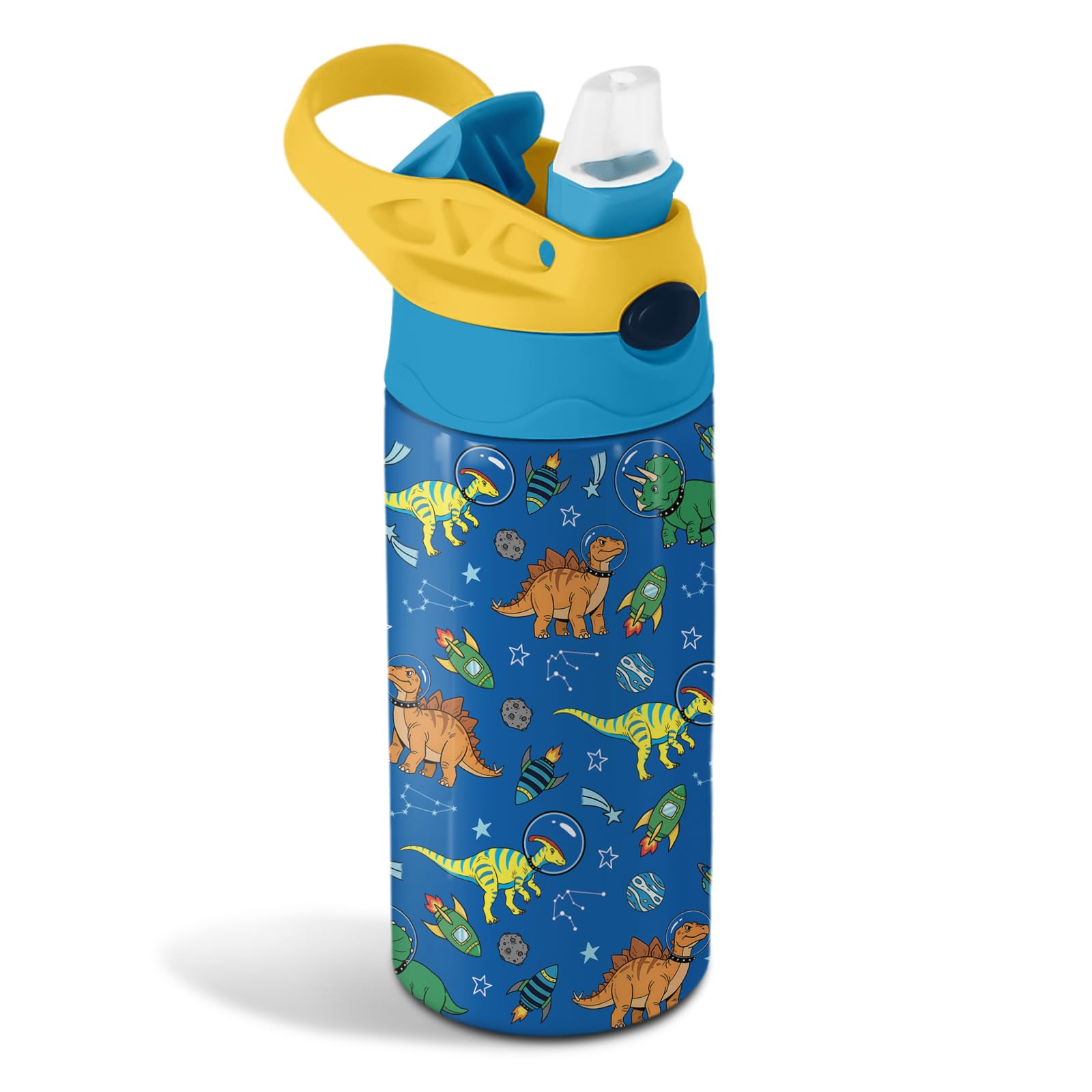 12oz Dinosaur Astronaut Kids Water Bottle, Space Dino Water Bottle for School, Kids Insulated Bottles with Straw & Handle, Leak