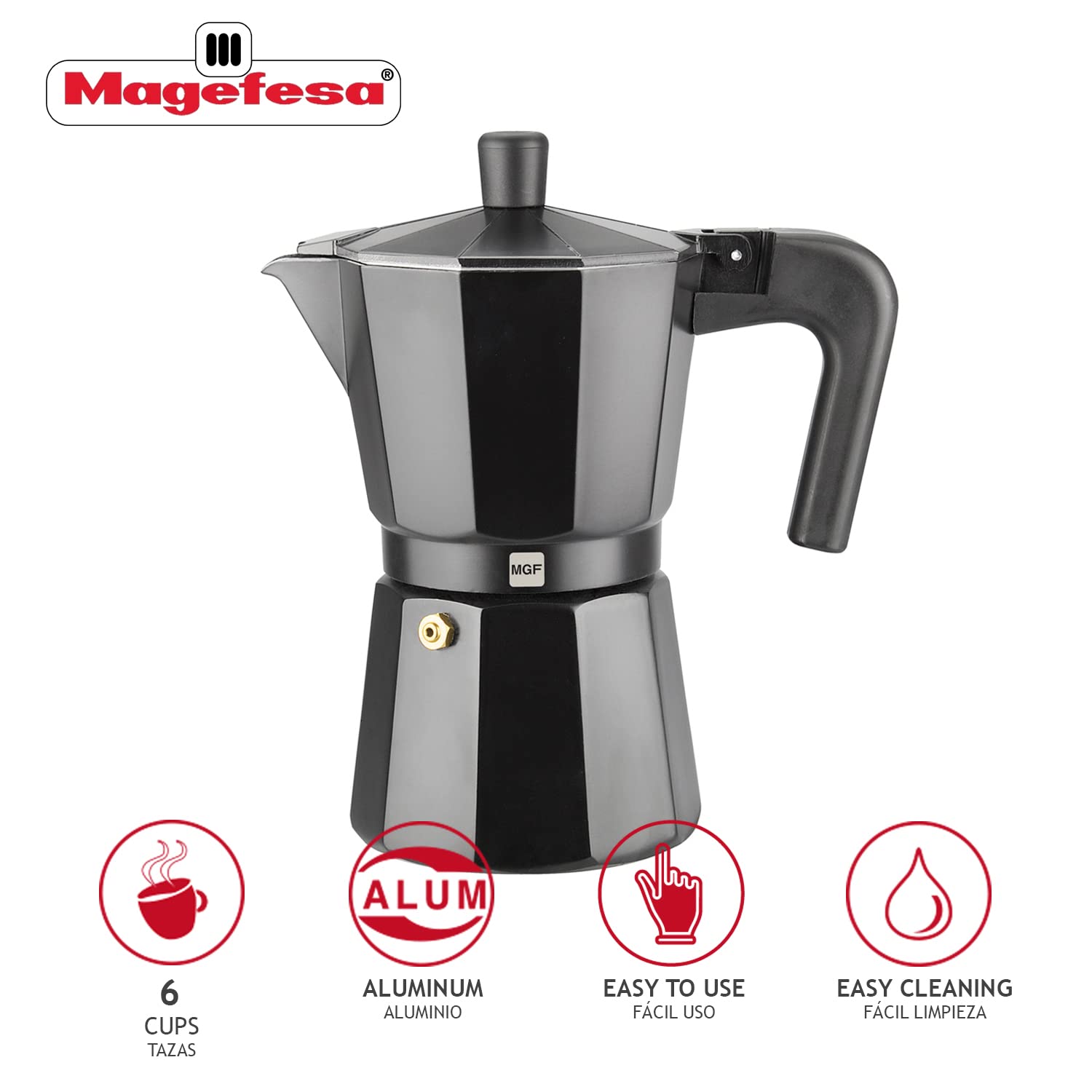 Magefesa Kenia Noir Stovetop Espresso Moka Pot, 6-Cup/10 Oz, Italian Coffee Maker For Cuban Coffee, Extra-Thick Aluminum, Heat-R