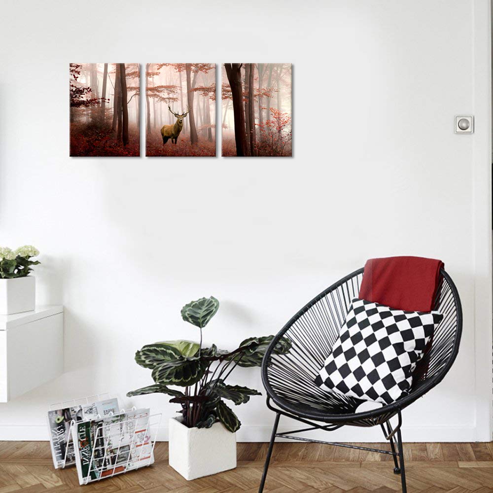 Visual Art Decor Deer in Red Autumn Foggy Forest Picture Elk Decor Canvas Prints for Farm Decor Farmhouse Living Room Bedroom Wall Decoration Ready to Hang 12x16inchx3 Piece
