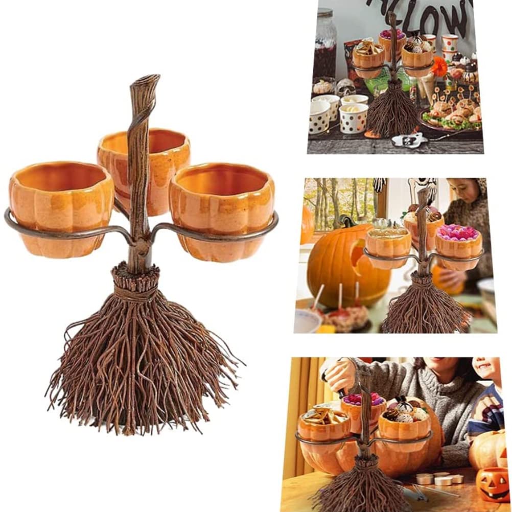 Halloween Pumpkin Bowls On Broom For Serving Snacks Salad Fruit Halloween Party Supplies Decorations (3 Cups)