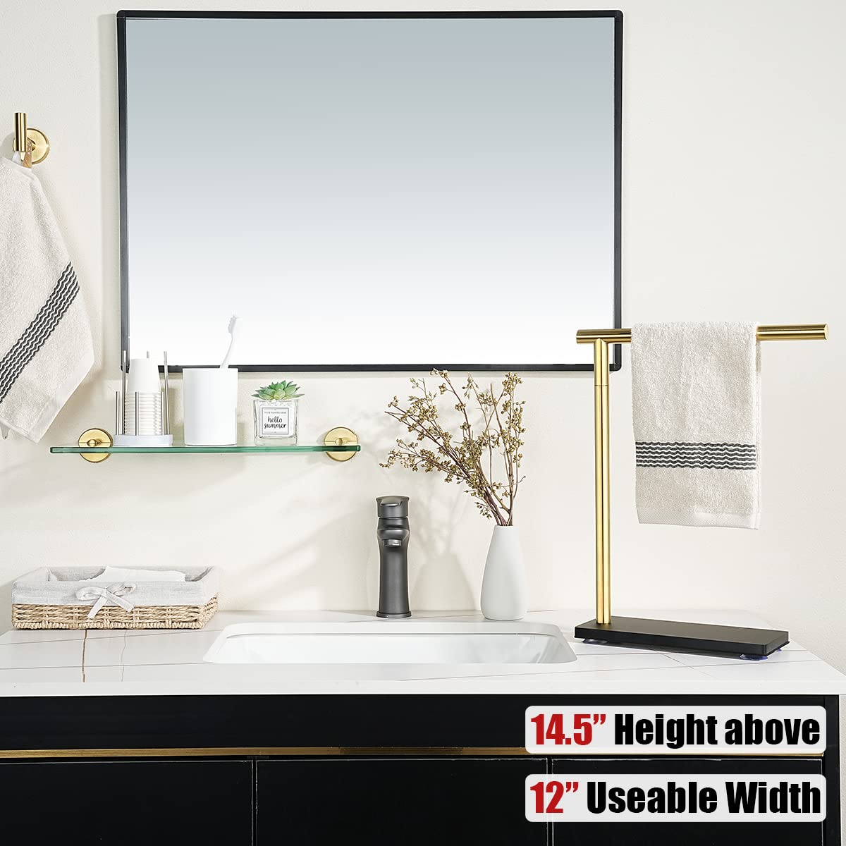 Jqk Hand Towel Holder Stand Brushed Gold, Modern Tree Rack Free Standing For Countertop With 12 Inch Bar, 304 Stainless Steel Th