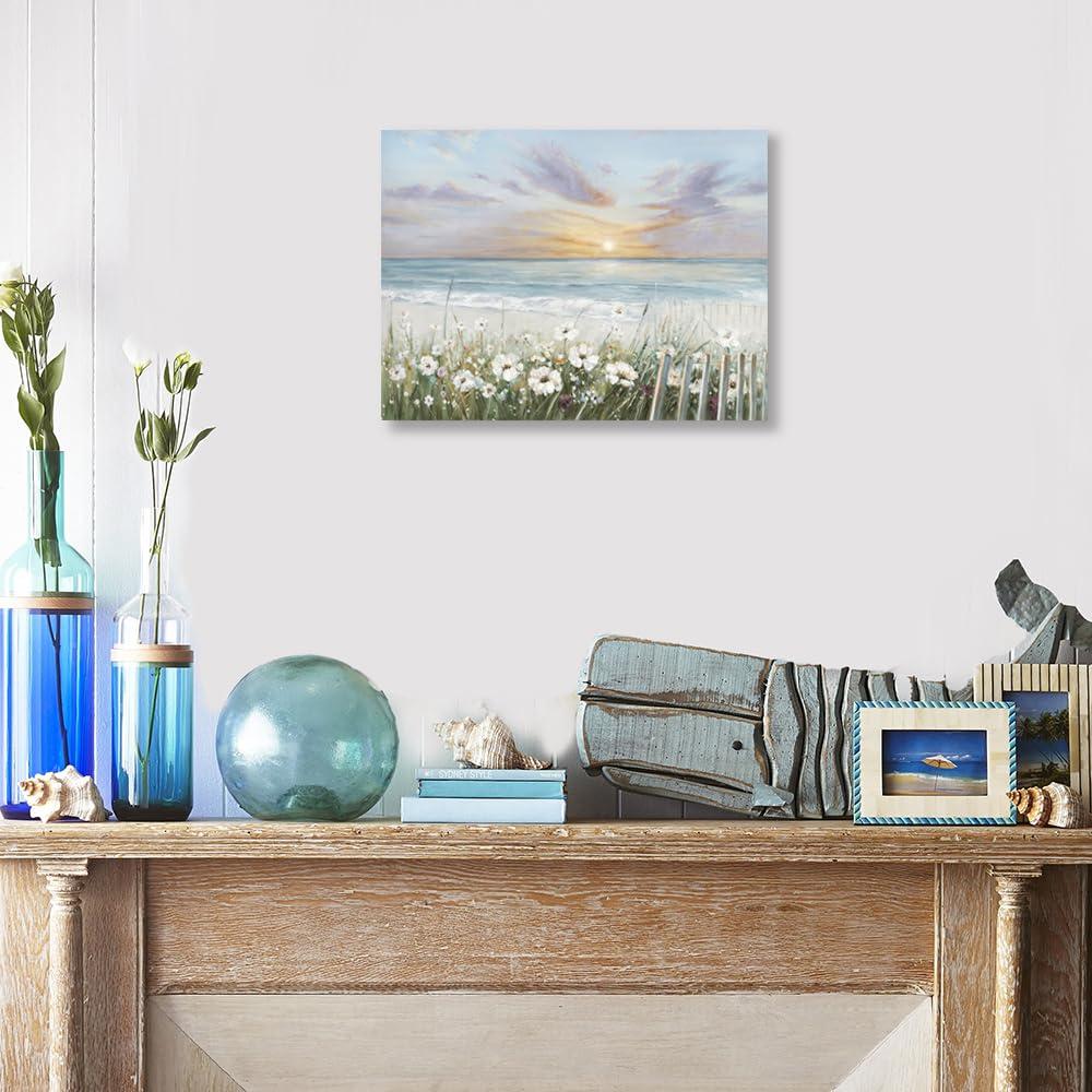 Ocean Sunset Canvas Prints Bathroom Wall Decor Ocean Theme Flower Canvas Wall Art Ocean Beach Sunrise With Blue Sky Beach Pictur