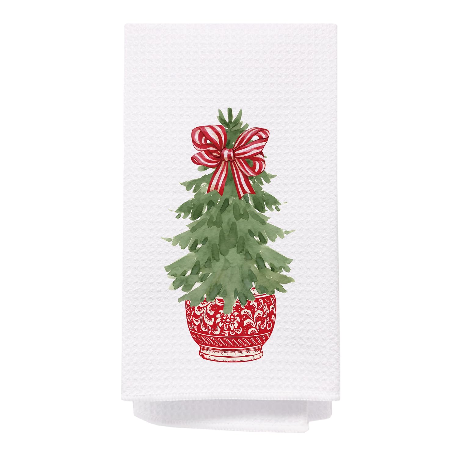 Chinoiserie Christmas Tree Kitchen Towels, Christmas Red Stripe Bow Decorative Hand Towels For Bathroom, Christmas Dish Towels F