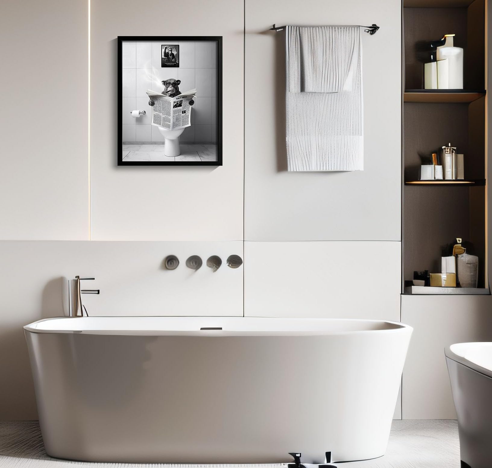 Black And White Wall Art, Framed Bathroom Decor Wall Art, Funny Animal Bathroom Wall Decor, Funny Chimpanzee On Toilet (Framed,1