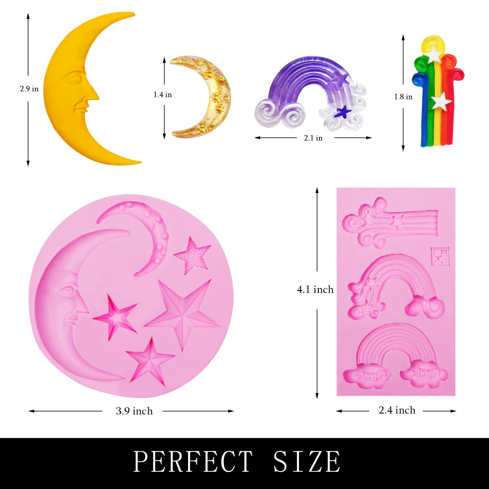 Muyulin Moon Star Chocolate Silicone Molds, 3 Packs Rainbow Fondant Molds For Cake Decoration, Baby Birthday Party Cupcake Toppe