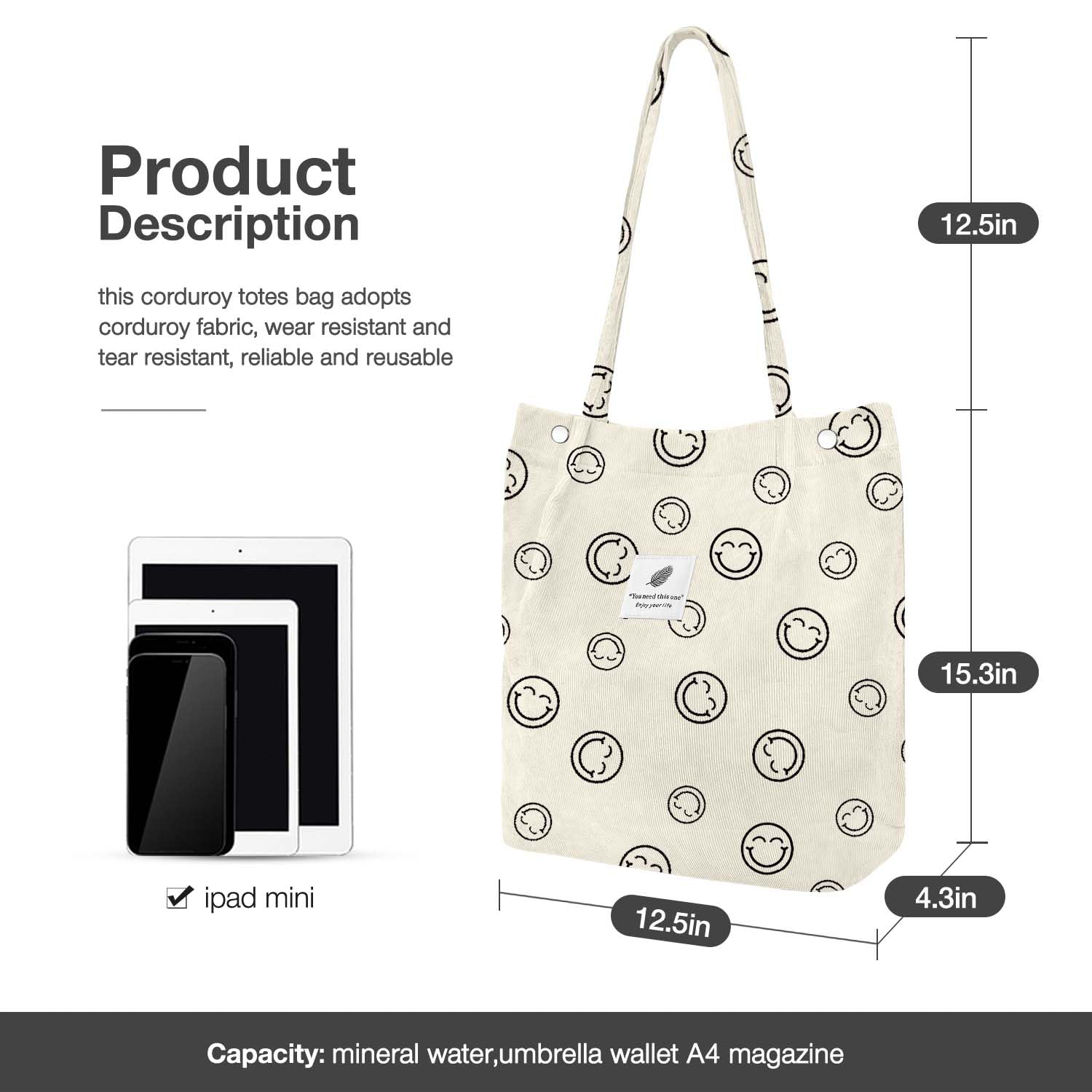 Lhmtqvk Corduroy Tote Bags For Women, Large Capacity Corduroy Bag Reusable Grocery Shoulder Bag With Inner Pockets(Smile)