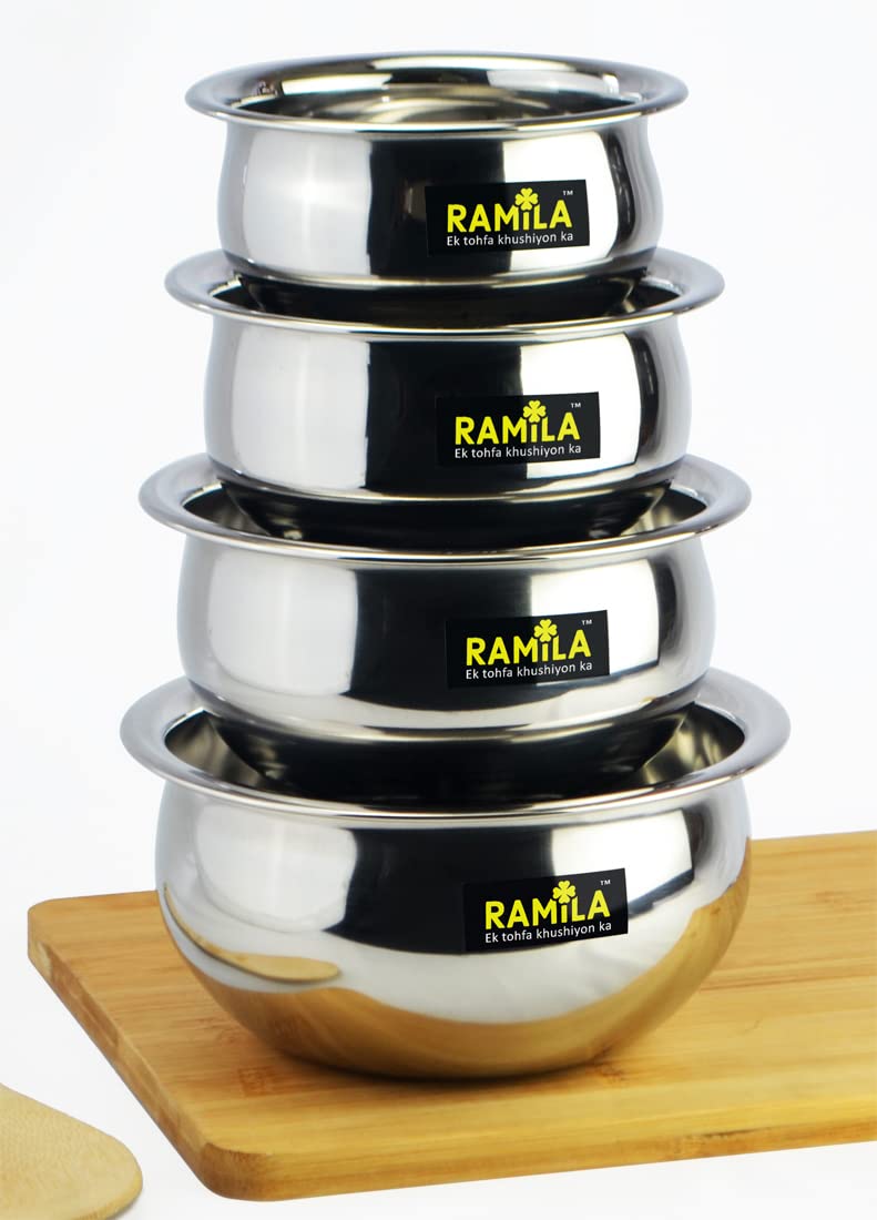 Ramila Brand Stainless Steel Handi Set - Serving For Kitchen Cooking, Steel Pot, Vessels Set Of 4 Pieces (Capacity 1.5-Liter, 1-