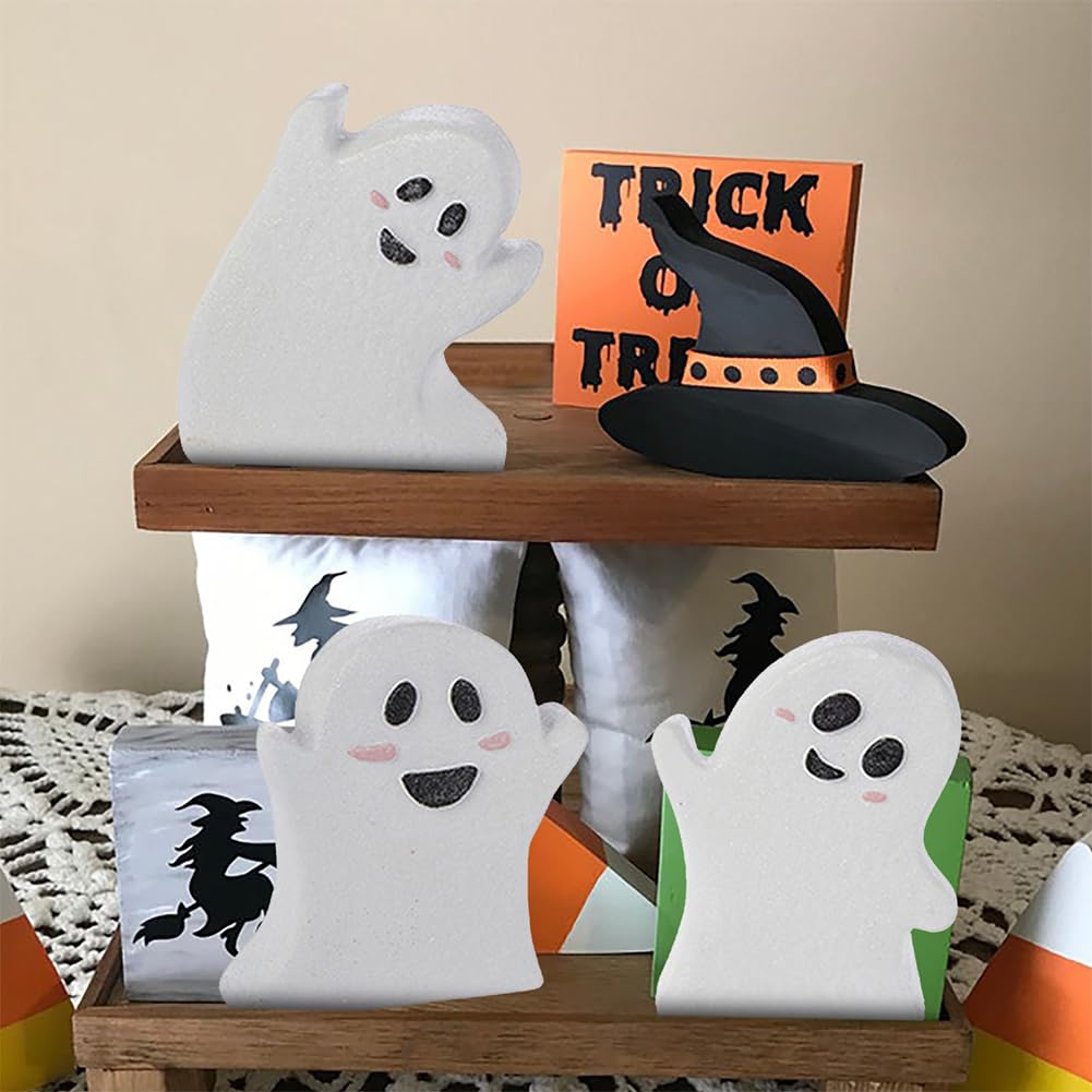 Cute Halloween Decorations, Ghost Wooden Tiered Tray Decor Table Sign Set of 3 Ghost Wooden Decor Blocks for Table, Office Desk,