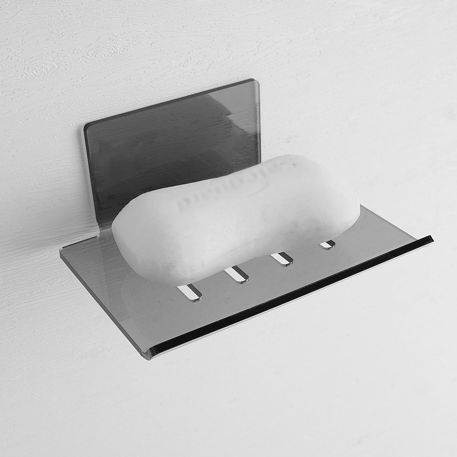 Self Adhesive Soap Dish Wall Mounted, 4 Slot Acrylic Soap Saver, Sponge Soap Holder for Shower Wall, Bathroom, Kitchen (Gray Cle