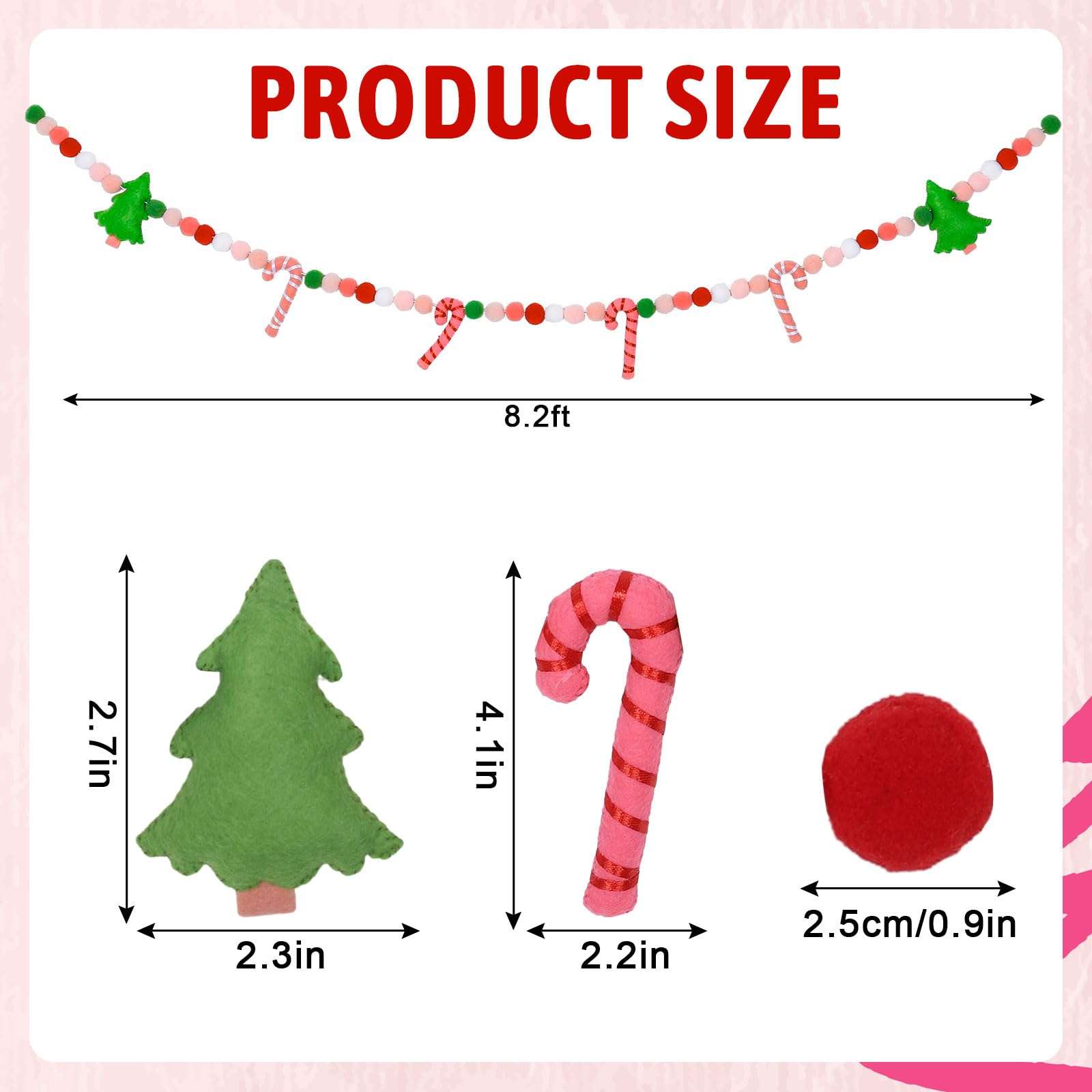 Whaline 8.2Ft Christmas Boho Felt Banner Xmas Tree Candy Cane Pom Pom Ball Pre-Strung Banner Pink Hanging Garland Ornament for H