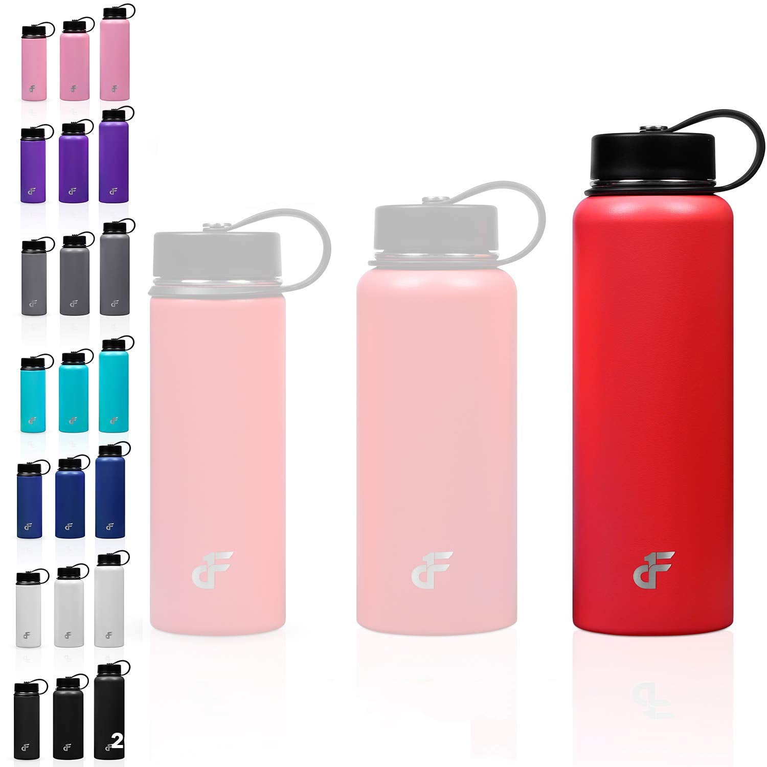 Day 1 Fitness 40 Oz. Double Wall Ss Wide Mouth Water Bottle 2 Lids Red
