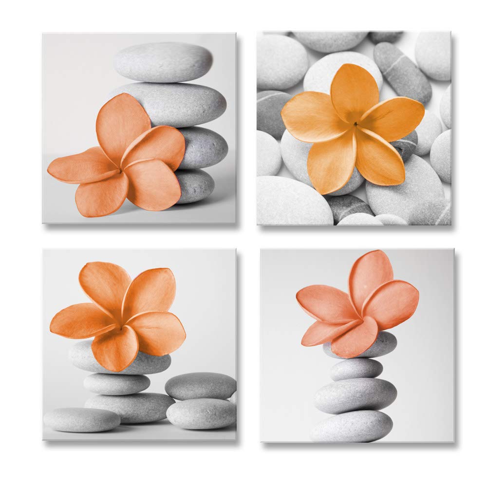 Genius Decor-Modern Bathroom Flowers Picture Zen Pebble Stone Modern Prints Burnt Orange Grey Bathroom Wall Decor (Orange)
