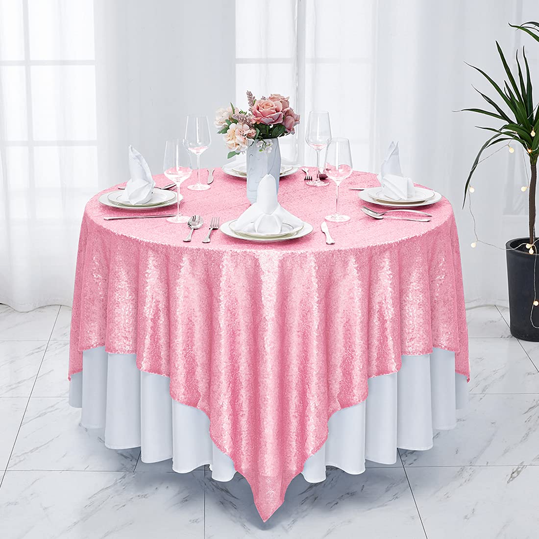 Hahuho 50X50 Inch Square Sequin Tablecloth Pink, Glitter Tablecloth For Bridal Shower Decorations, Birthday, Wedding, Dessert, B