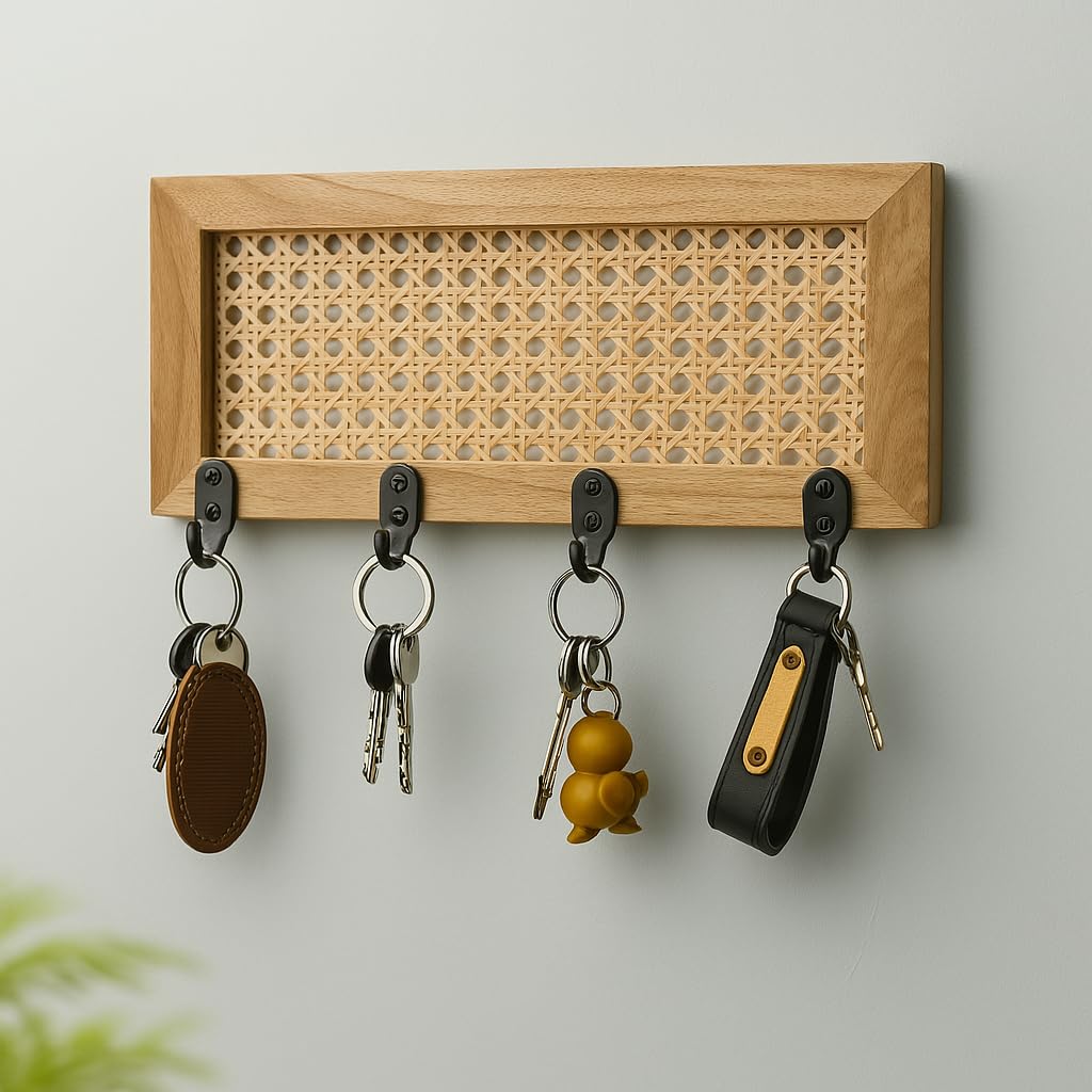 Ikari Homes Handmade Rattan Key Holder for Wall  Solid Wood & Cane Key Hanger Rack, Boho Wall Mounted Key Organizer for Entrywa