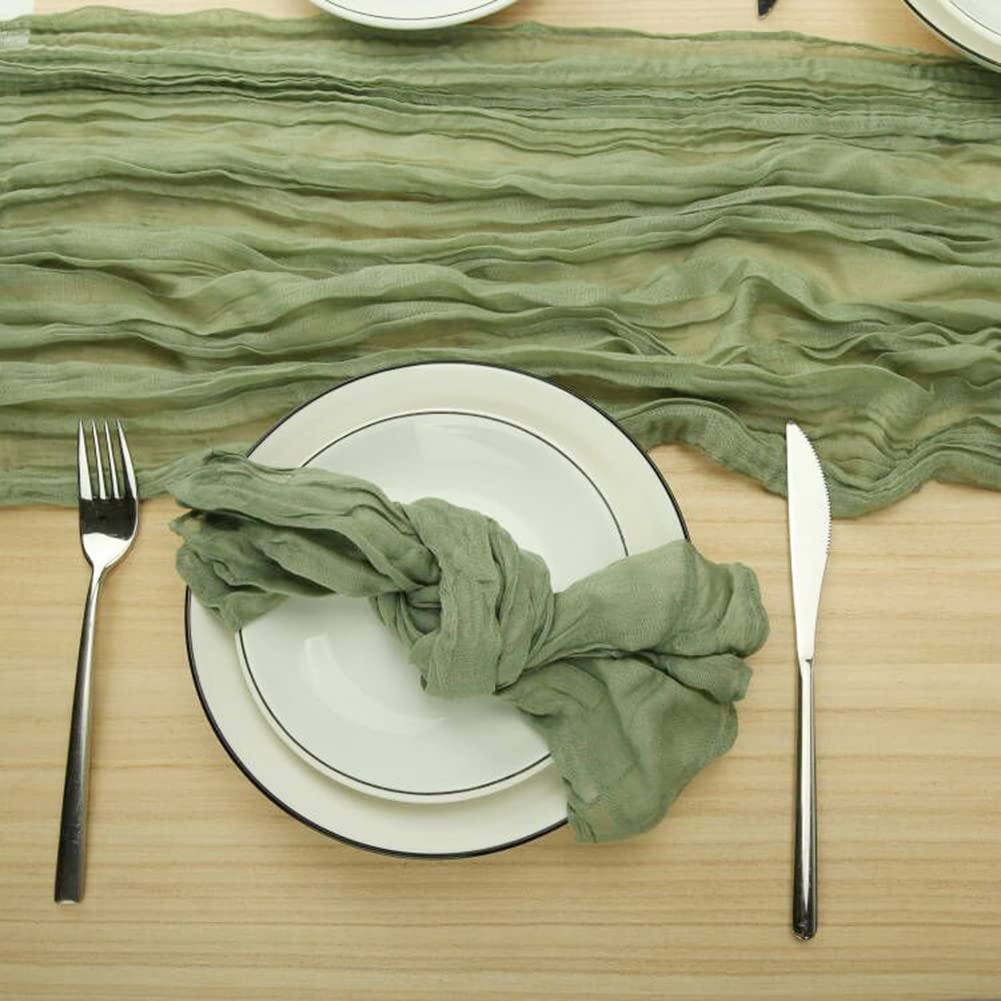 Sage Green Cheesecloth Table Runner And Napkins Set, Boho Gauze Cheese Cloth 13 Ft Table Runner With 12 Napkins, Rustic Wrinkled