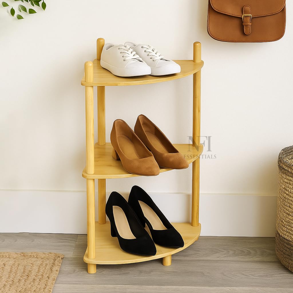 Nfi Essentials 3 Tier Bamboo Wood Shoe Rack Multipurpose Foldable Rack For Storage Shoes Slipper Chappal Stand Shelf Organizer F