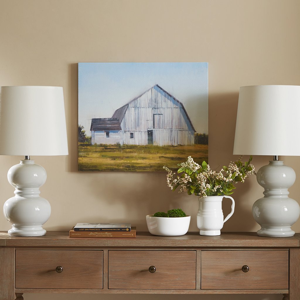 Madison Park, Old White Barn Wall Art Vintage Gel Coated Canvas, Modern Antique Design, Global Inspired Farmhouse Painting Livin