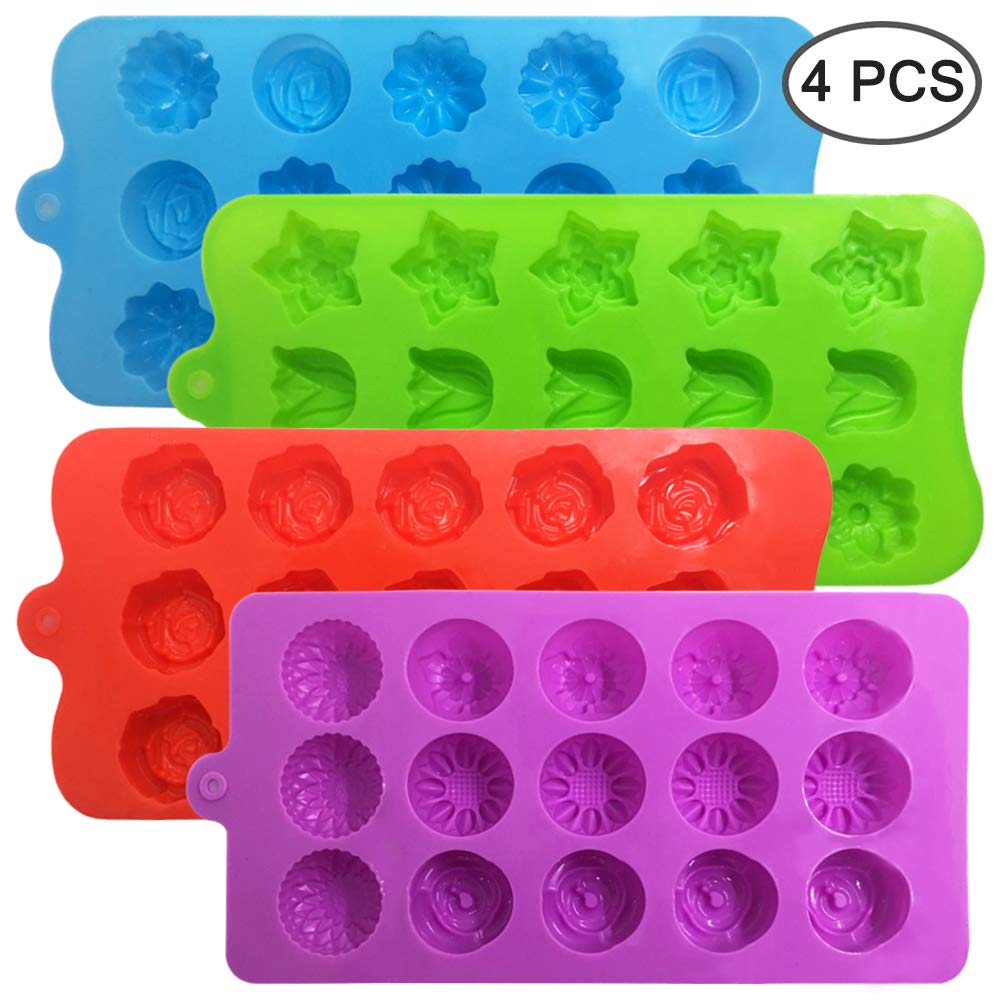 4 Pack Flower Shape Chocolate Candy Molds Set,Danzix Silicone 15 Cavity Baking Mold Ice Cube Tray For Wedding,Festival,Parties A
