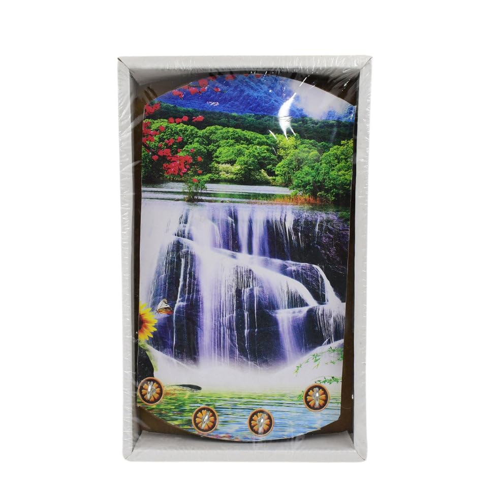 Madhabi Wooden Key Holder for Wall  Vertical Hook Rack with Scenic Waterfall Print, Decorative Organizer for Keys, Bags, Coats,
