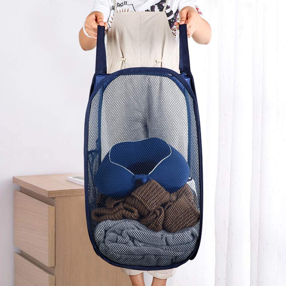 Larpur Popup Mesh Laundry Basket  Collapsible and Portable Clothes Washing Laundry Hamper with Reinforced Carry Handle (Blue*2)