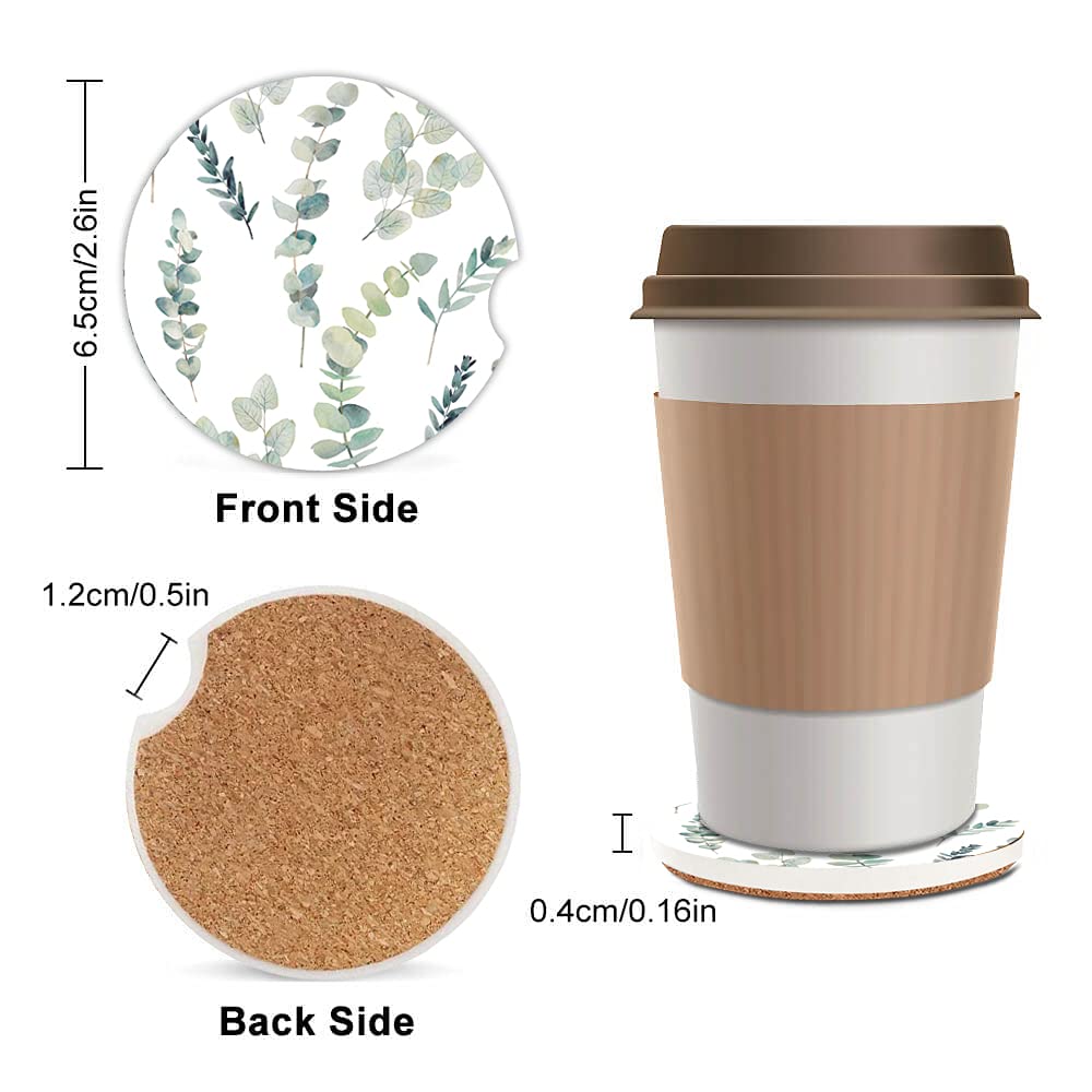 Green Leaf Watercolor Floral Absorbent Cup Holders Car Coasters Ceramic Stone Drinks Coaster Set for Women Man 2.56''(2 Pack)